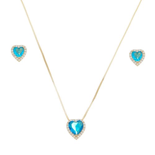 Conjunto Pedra Azul Formato Coração Folheado Ouro 18k JCJ10