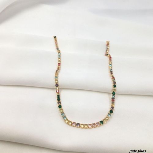Choker Composto Por Zircônias Coloridas, Folheado a Ouro 18K