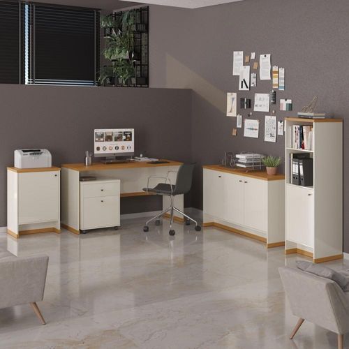 Conjunto Escritório Office Escrivaninha Balcões Gaveteiro Ve - Off White/ Off White/