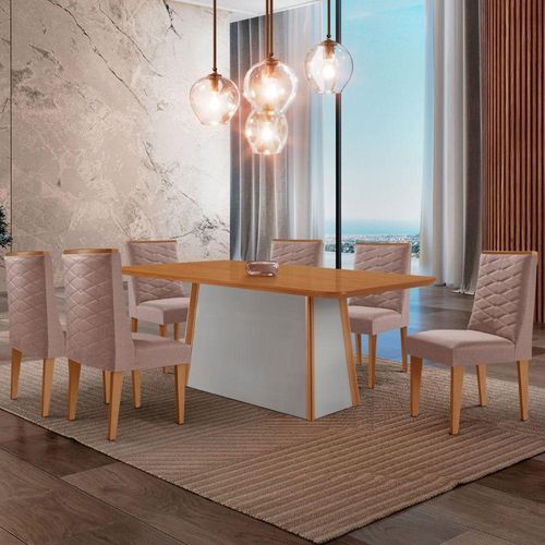 Mesa De Jantar Diane 180cm Tampo Mdf Lam 6 Cadeiras Safira Moderna Linho Capuccino Naturale Off White