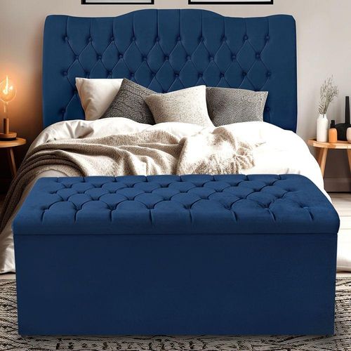 Kit Cabeceira E Calçadeira Baú Dunas Casal 140 Cm - Veludo Azul