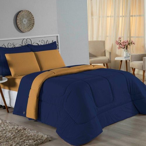 Edredom Solteiro Nobre 1 Peça Dupla Face 1,60m X 2,40m Malha 100% Algodão - Azul-marinho / Cobre