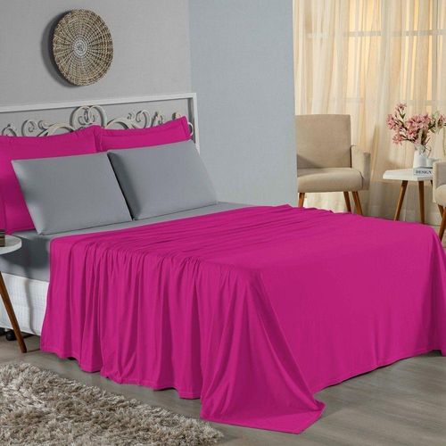 Jogo De Cama Queen Nobre 4 Peças Lençol Com Elástico De 30cm De Altura Malha 100% Algodão - Pink / Cinza
