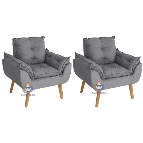 Kit 02 Poltrona Decorativa Opala Suede Cinza Smf Decor