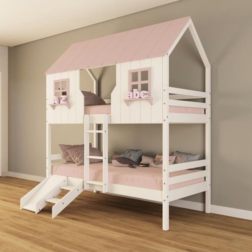 Beliche Casinha Escada/Escorregador Branco Rosa