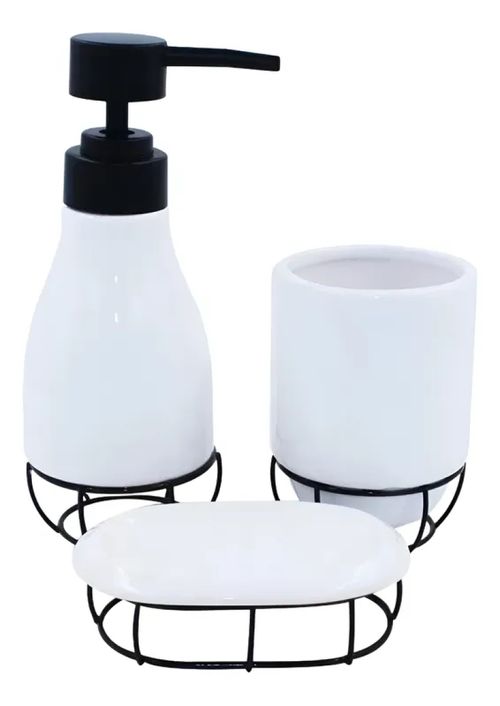 Kit Banheiro Cerâmica Saboneteira Porta Escova Branco Aramado 3 Peças Conjunto Organização Decoração Lavabo
