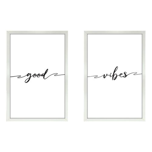 Kit 2 Quadros Casal Frases Good Vibes Titulos Moldura Branca
