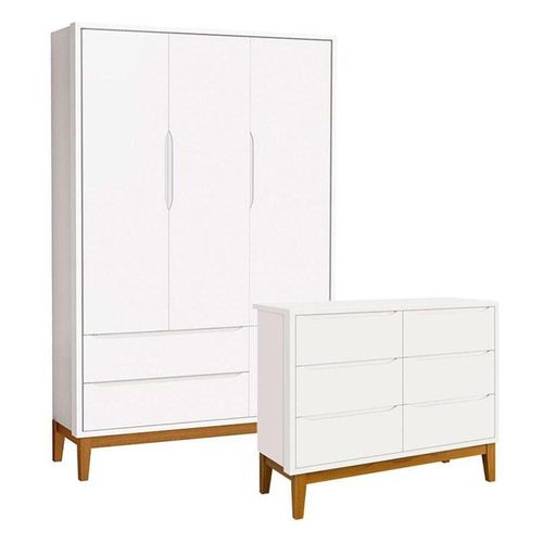 Cômoda 6 Portas E Guarda Roupa Infantil 3 Portas New Classic Branco Acetinado Com Pés Madeira