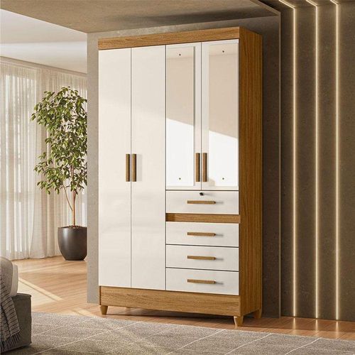 Guarda Roupa Solteiro Ambiente Sobral 4 Portas Freijó Off White Com Espelho - Moval