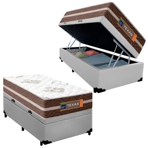 Cama Box Baú Solteiro Sintético + Colchão Molas Ensacadas Texas Prime Colchões 88cm - Suporta Até 120 Kg Por Pessoa