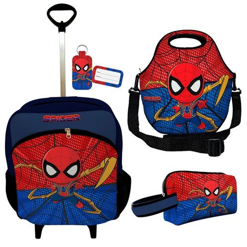 Kit Mochila Escolar Infantil Rodinhas Lancheira Estojo Isoprene Menino Aranha