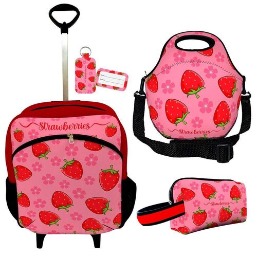 Kit Mochila Escolar Infantil Rodinhas Lancheira Estojo Isoprene Moranguinhos