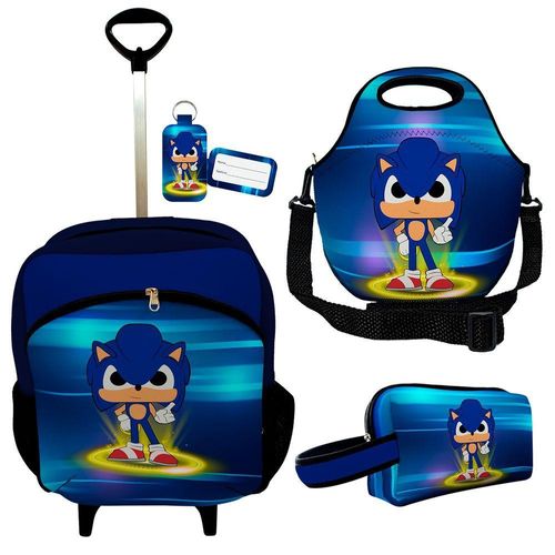 Kit Mochila Escolar Infantil Rodinhas Lancheira Estojo Isoprene Menino Sônico
