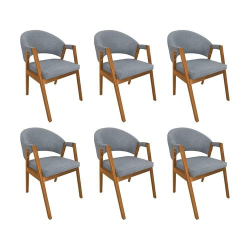 Kit 6 Cadeiras De Jantar Madeira Maciça Cerejeira Premium Helen Linho Cinza - Cor: Cinza