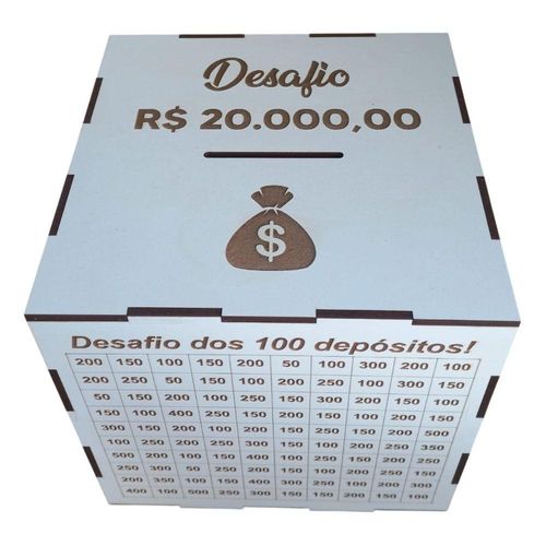 Cofre do Desafio 20 Mil para Economia com Painel de Metas em Mdf Branco Oem