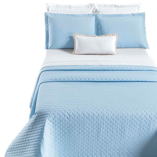 Kit Cobre Leito Colcha Quality King 3 Peças Percale 200 Fios Bordado - Azul Céu