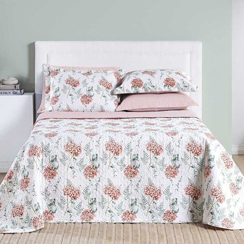 Kit Cobre Leito Colcha Maggy Casal 3 Peças Dupla Face Percale 200 Fios - Hortencia Floral Rosa