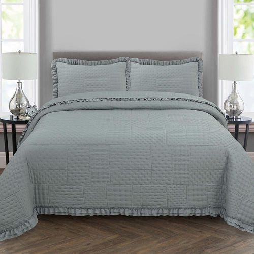 Kit Cobre Leito Colcha Allegra Queen 3 Peças Percal 300 Fios C/ Babado - Cinza