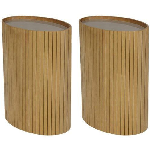 Kit 2 Mesa Apoio Lateral Oval Tampo Vidro Glow Madeira Amendoa Nacc Amendoa