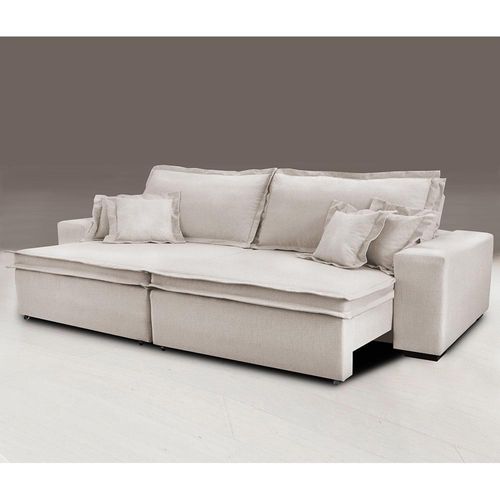 Sofa Retrátil E Reclinável Com Molas Cama Inbox Premium 3,12m Tecido Em Linho Bege Claro
