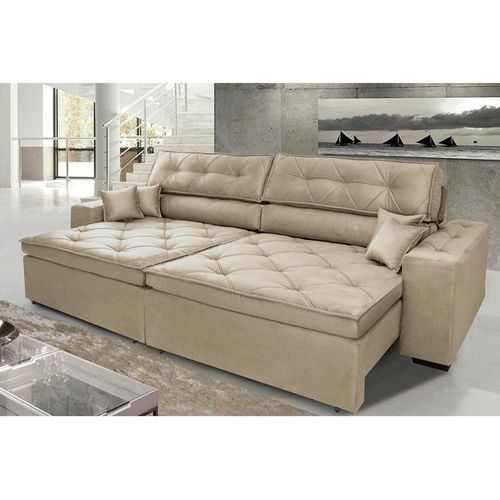 Sofá Austin 2,82m Retrátil, Reclinável Com Molas No Assento E Almofadas, Suede Bege Cama Inbox