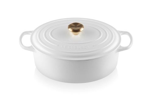 PANELA LE CREUSET OVAL SIGNATURE PEGADOR DOURADO FERRO ESMALTADO 31CM BRANCO 21178310101441