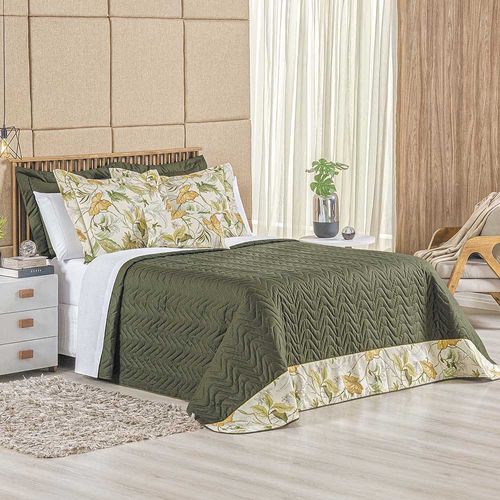 Kit Cobre Leito Colcha Forest Queen 3 Peças Percal 150 Fios 100% Algodão - Verde Musgo Floral