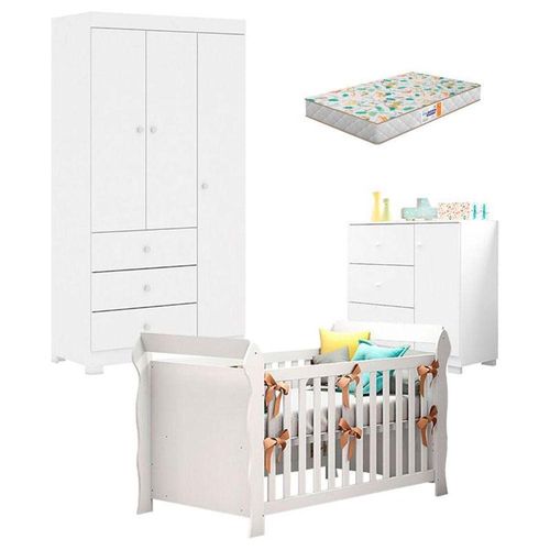 Quarto De Bebê Duda 3 Portas E Berço Americano Lara Branco Brilho Com Colchão Gazin - Phoenix Baby