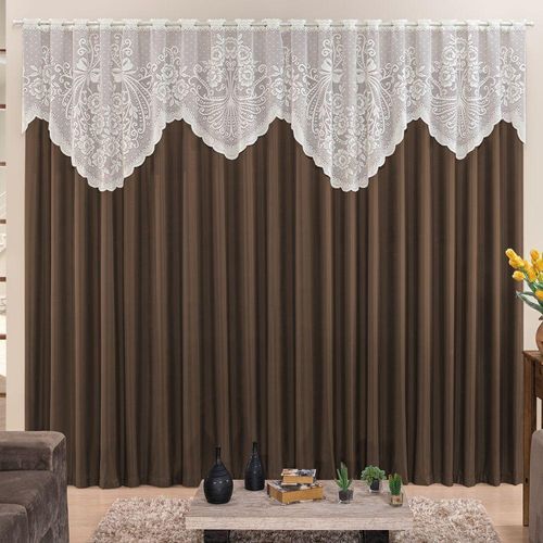 Cortina 3,00m X 2,50m Momento Sala Quarto Renda Com Microfibra P Varão Tabaco