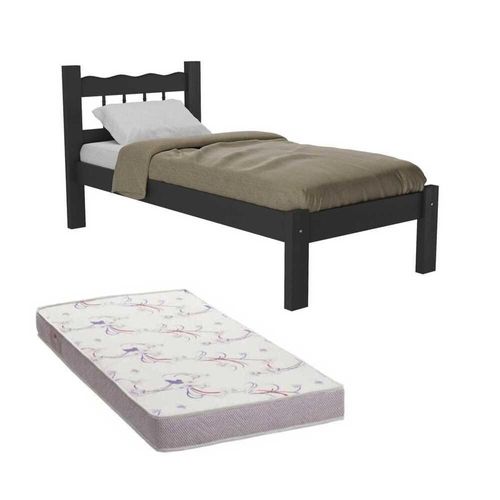 Cama Solteiro Madeira Maciça Com Colchão Madri Cr4161 Preta