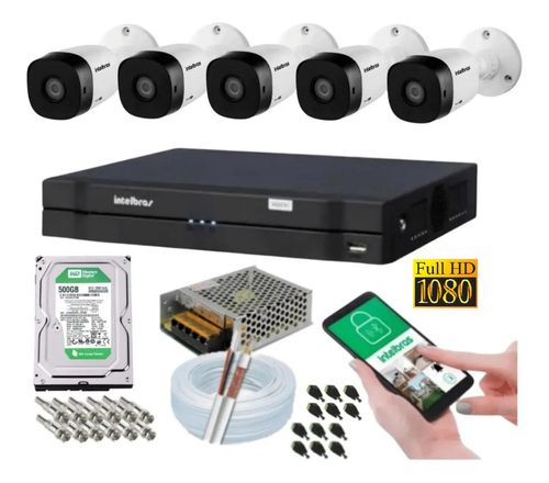kit 5 Camera de Seguranca Intelbras 2mp 1220b Dvr 8 Canais Multi Hd