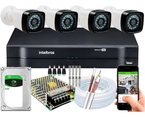 Kit Cftv 4 Cameras Seguranca 1080p Full Hd Dvr Intelbras 500GB