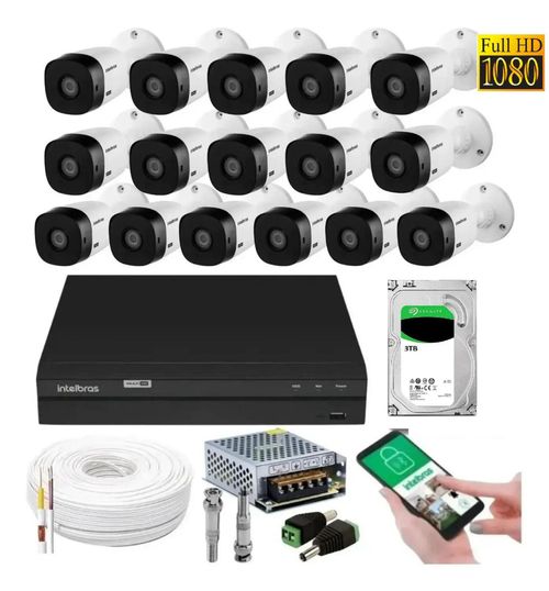 Kit 16 Câmeras Multi Hd Intelbras 1220b 1080p 2mp Dvr 16 Canais Com Hd 3tb