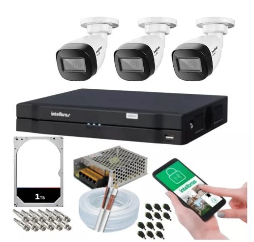 Kit 3 Camera de Seguranca Intelbras Bullet 30m vhd 1130b Externa Dvr 4 canais multi hd