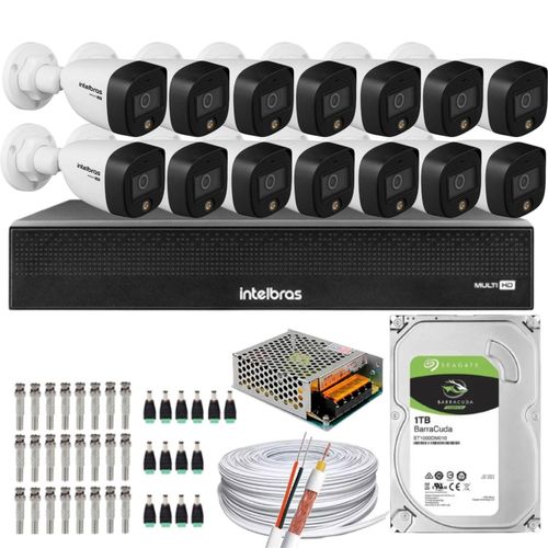 Kit 14 Cameras 1220 Full Color Intelbras Dvr Mhdx 16 Ch Color Noite C/HD 1TB