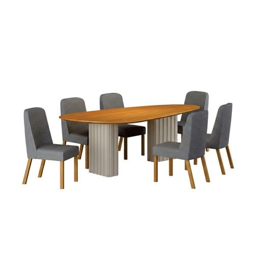 Conjunto de Jantar Ísis 6 Lugares Tampo em MDF Orgânico com Cadeiras Estofadas Cinza 200CM Leifer