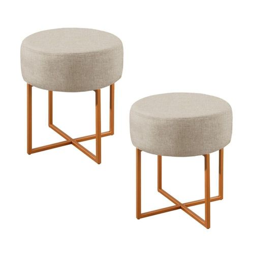 Conjunto - 2 Puffs Banqueta Otávio Luxo Castellar Móbile Linho Bege Claro