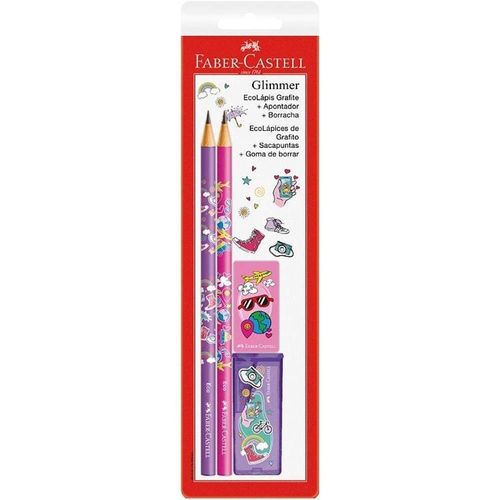 Kit Escolar Faber-Castell Glimmer Viagem 2 Lápis Grafite Apontador e Borracha