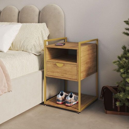 Mesa de Cabeceira Tókio com Gavetas em Ferro Dourado Industrial Tampo Freijó UP Home