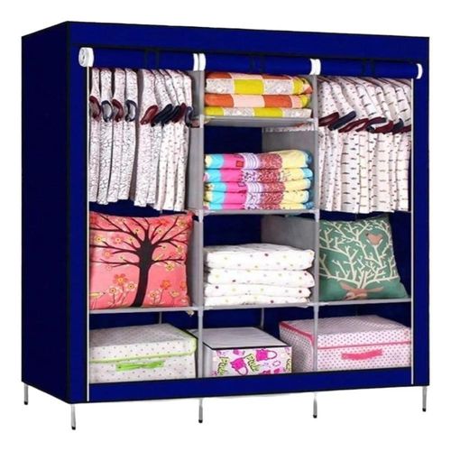 Guarda Roupa Portátil Solteiro e Closet Cabideiro 2 Portas de Correr com Prateleiras Azul Yeet