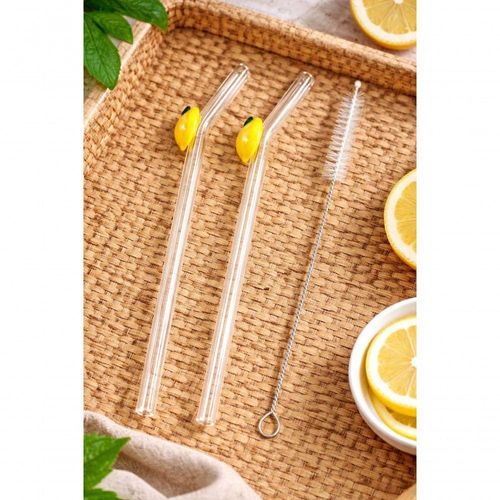 Jogo de Canudos Retos Limone em Vidro Borossilicato com Escova de Limpeza Yangzi