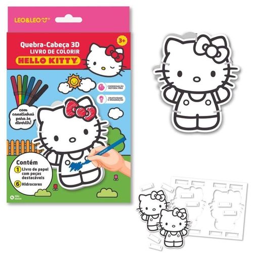 Quebra-Cabeça 3D para Colorir Hello Kitty com Livro e 6 Hidrocores Leo & Leo