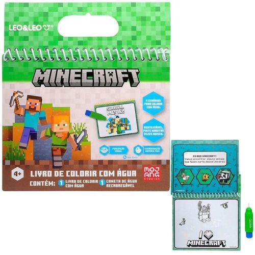 Livro de Colorir Infantil Minecraft Oppbag com Água Reutilizável e Caneta Leo & Leo