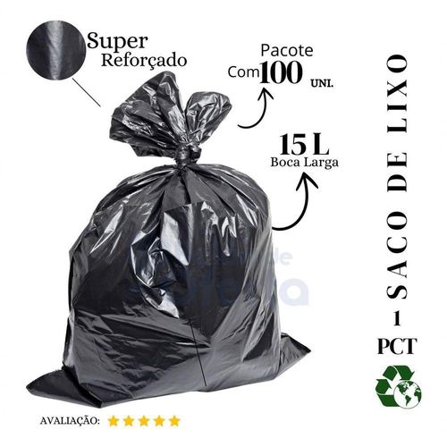 Saco de Lixo 15L Super Reforçado Plástico Preto com 100 Unidades Higipack