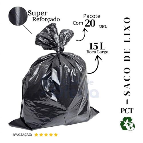 Saco de Lixo 15L Super Reforçado Plástico Preto com 20 Unidades Higipack