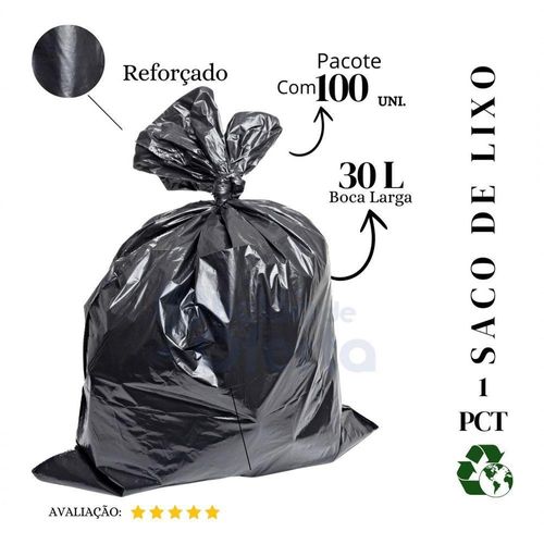 Saco de Lixo 30L Reforçado Plástico para Cozinha 100 Unidades Preto Higipack