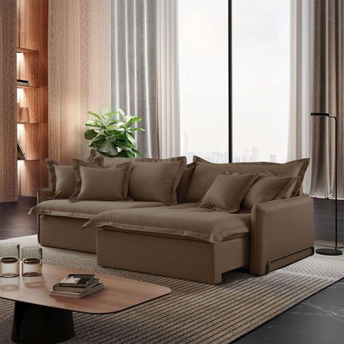 Sofá Cama B016 Retrátil e Reclinável 190cm Veludo Marrom com Almofadas Meu Sofá Online