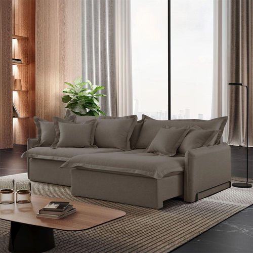 Sofá Cama B002 Retrátil e Reclinável 230cm Veludo Capuccino com Braço 15cm
