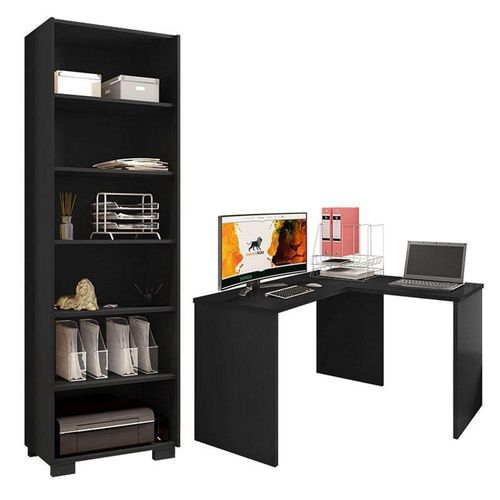 Mesa Para Computador Gávea Com Extensora E Livreiro Office Preto Trama - Móveis Leão