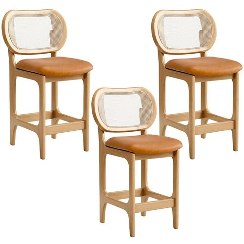 Kit 3 Banquetas Baixa Bar Cozinha Sala de Jantar Betta L02 Mel Tela Couríssimo Whisky - Lyam Decor